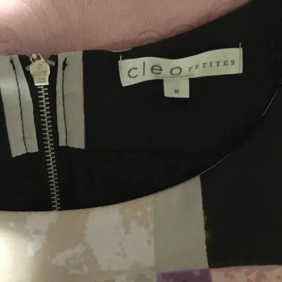 Cleo Petites Geometric Gray Purple Print Sheath Black Dress Sz 10 - Picture 10 of 11